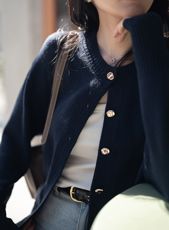 Gmade/藍調香頌金釦開襟針織外套-深藍