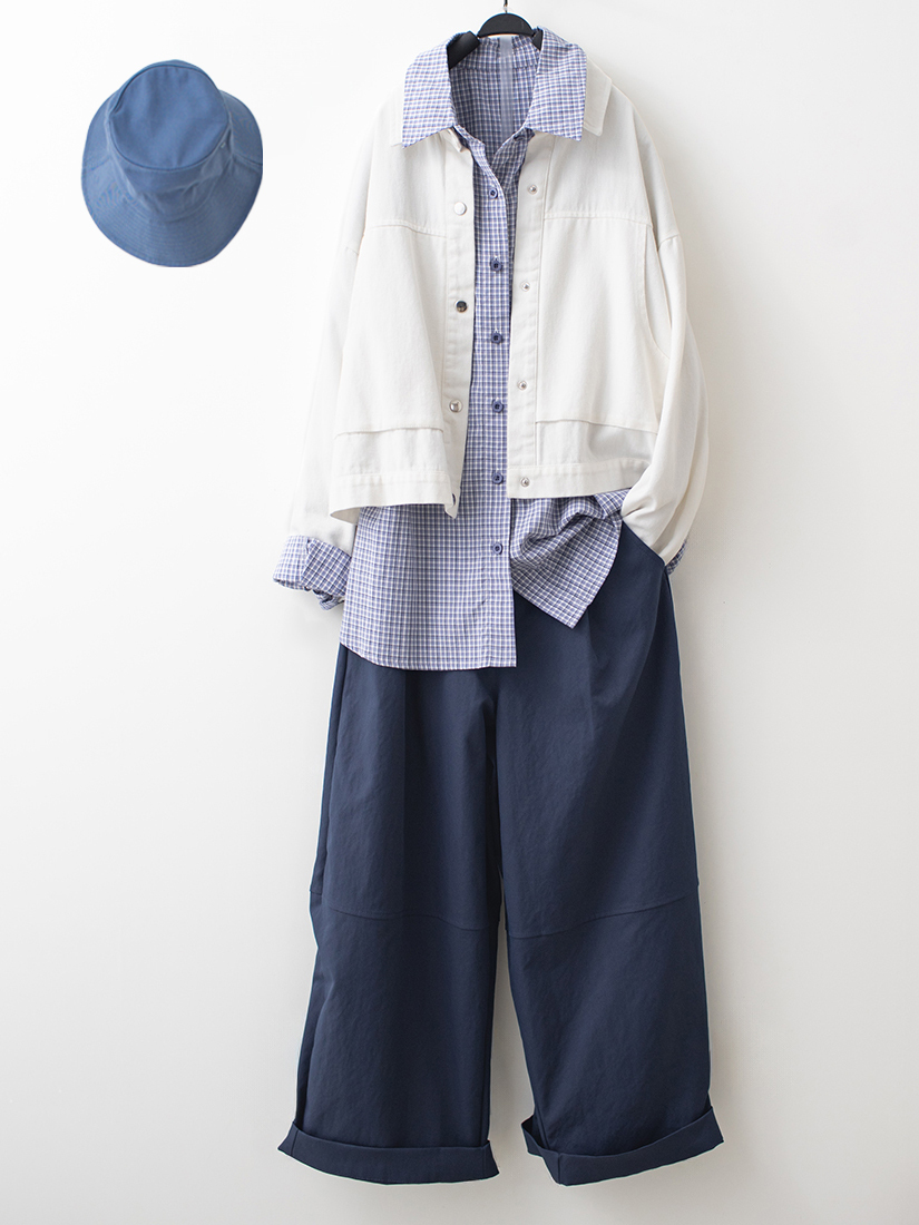 水洗棉工裝夾克寬鬆格紋襯衫打褶蘿蔔繭型褲組合