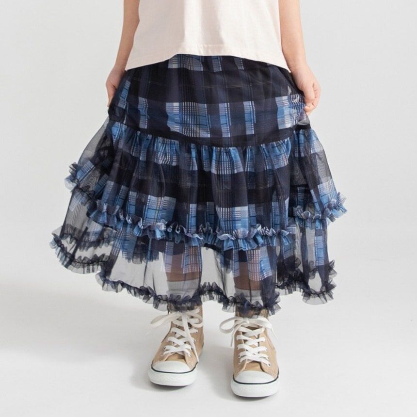 日本 95-150 格子木耳花邊裙 2色