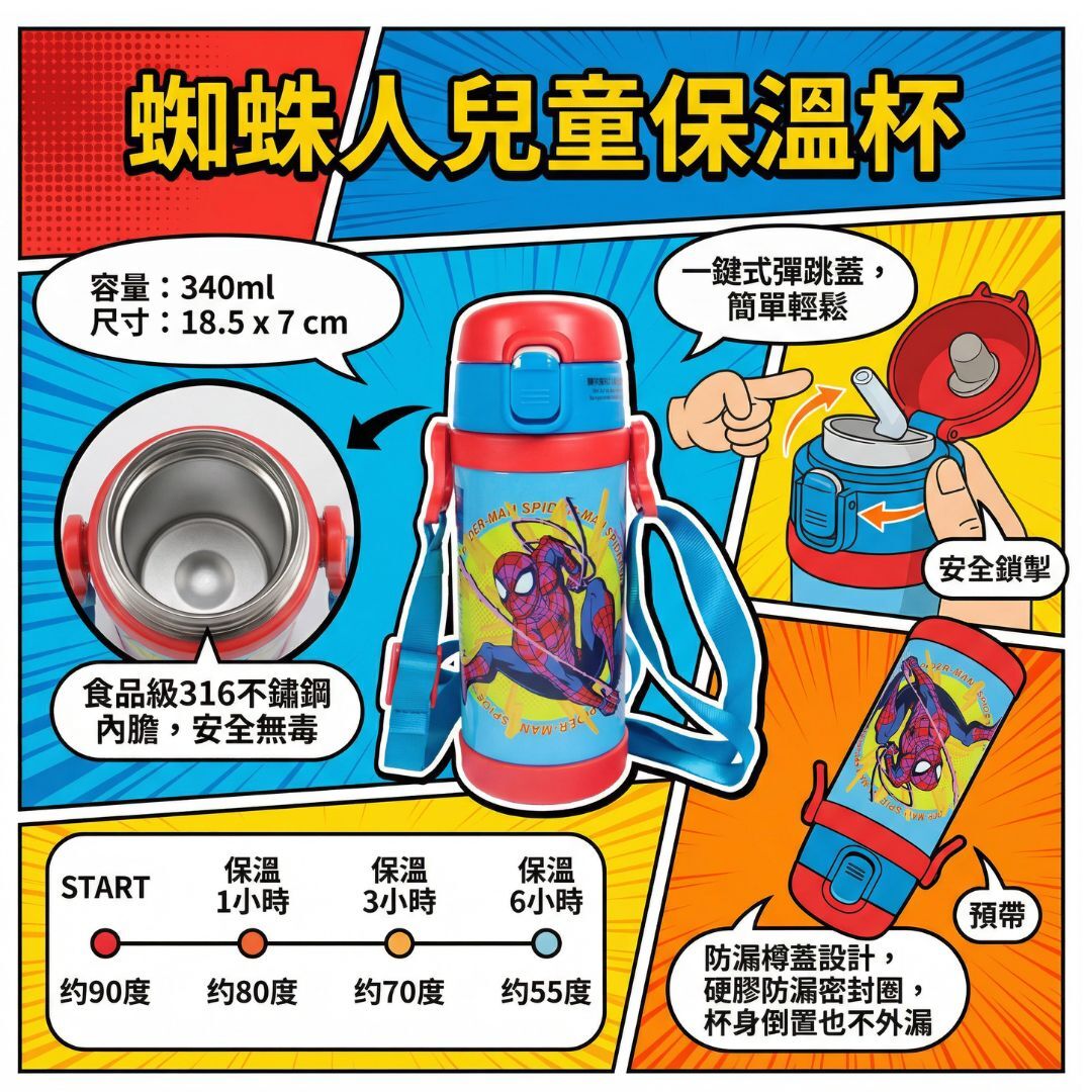 迪士尼蜘蛛俠- 兒童真空冷熱保溫杯-340ml(連飲管)