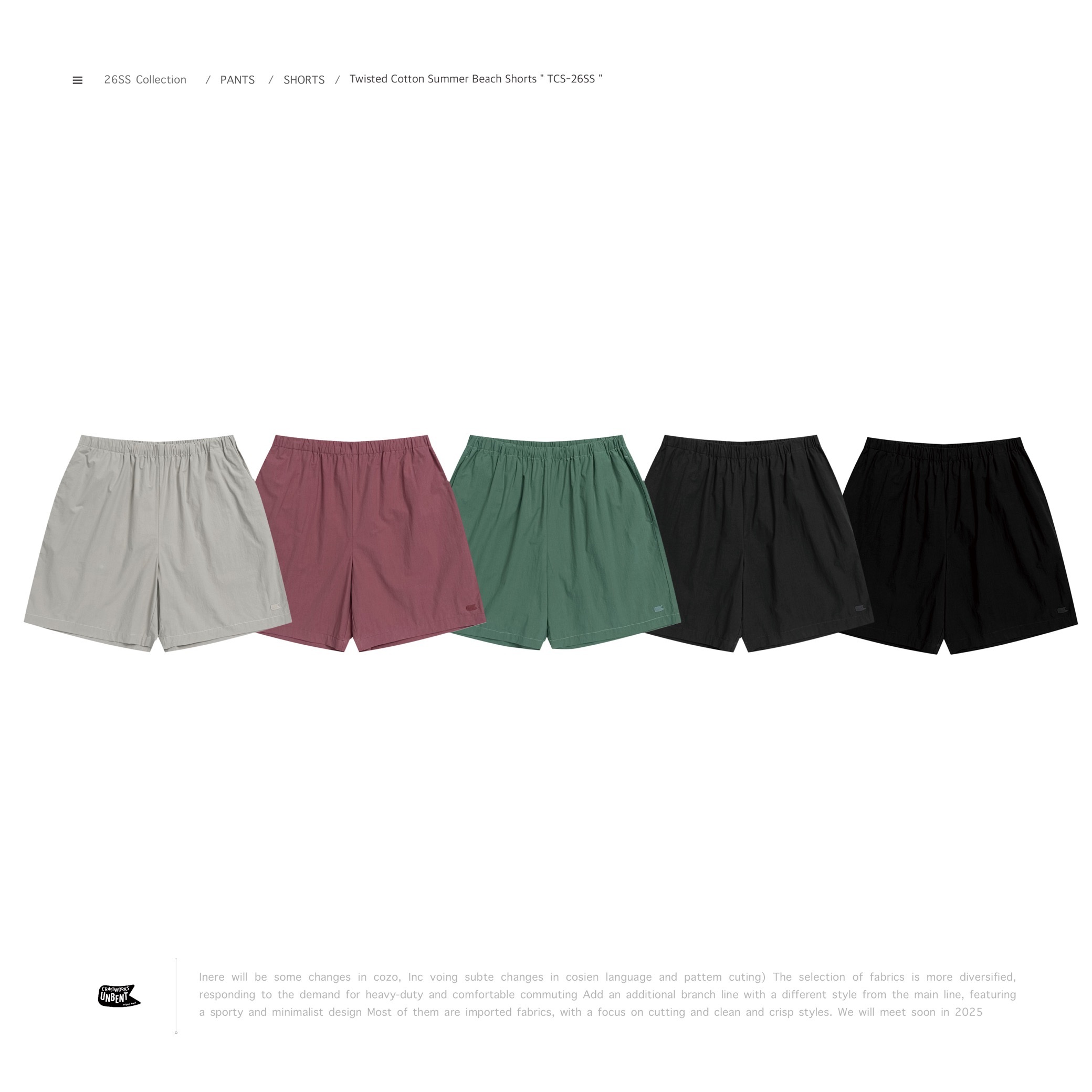 UNBENT - 26SS Twisted Cotton Summer Beach Shorts " TCS-26SS "