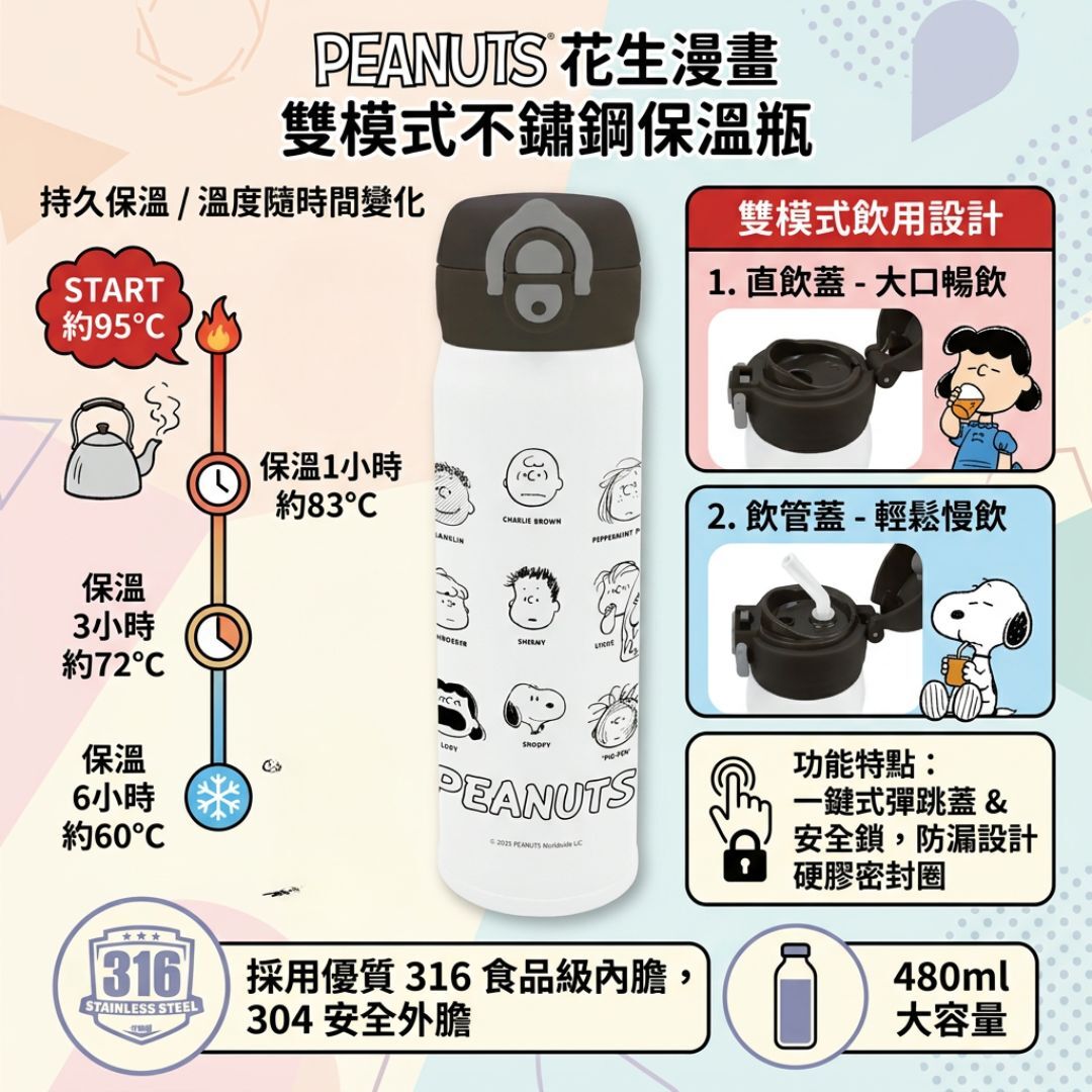 史努比|兩段開合式吸管真空冷熱保溫杯