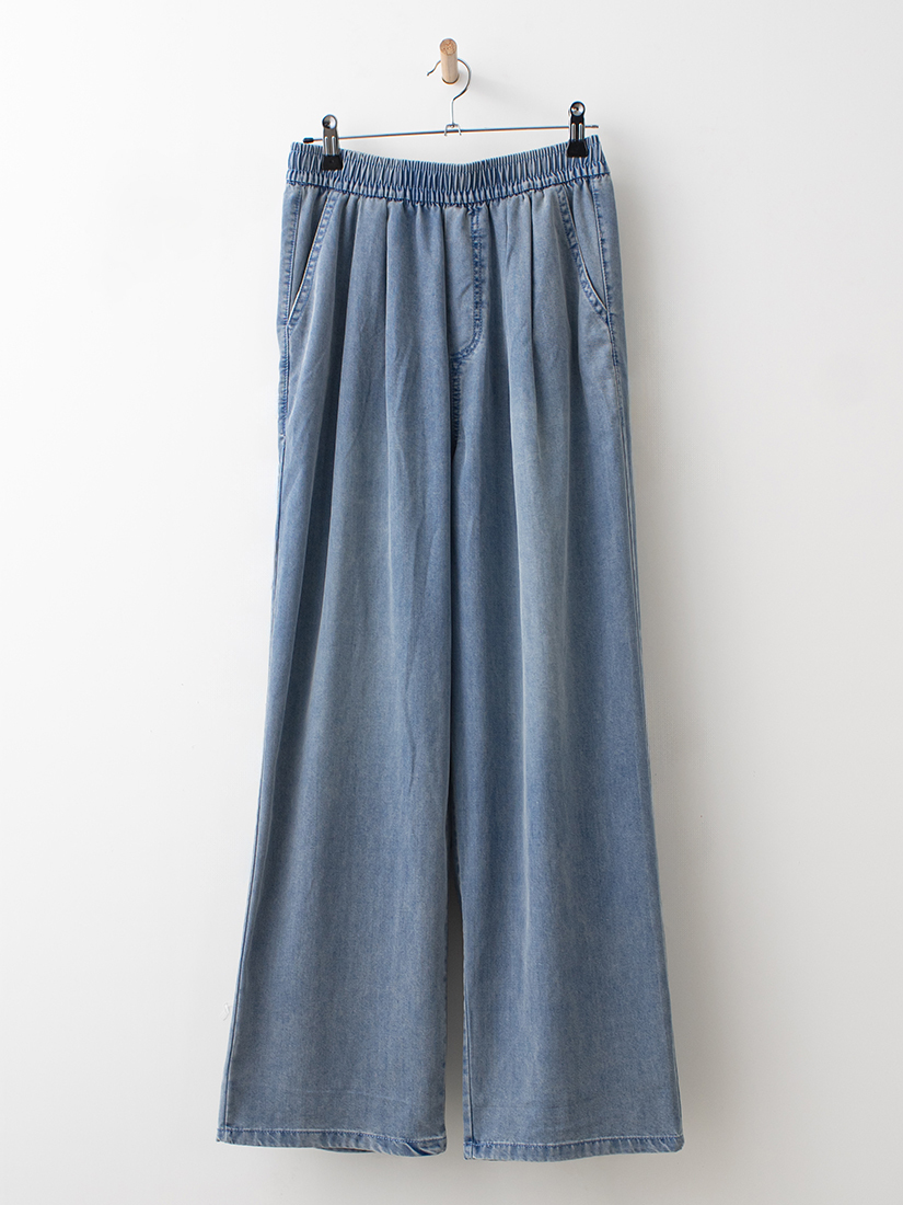 復古水洗天絲棉打褶直筒寬褲
