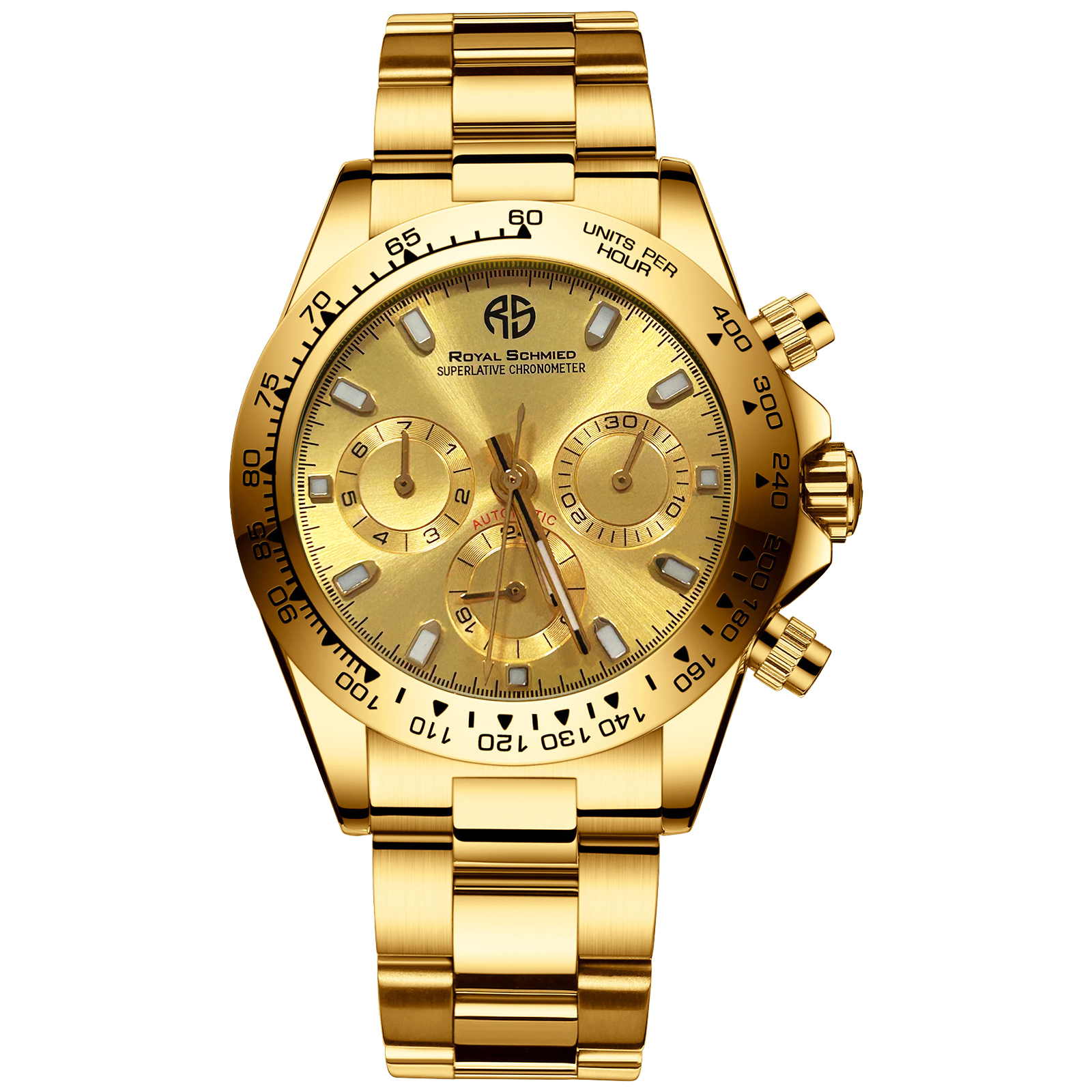 【Royal Schmied 皇家施米德】RYS-C007 迪通拿款 夜光指針 真三眼 機械 金色 手錶