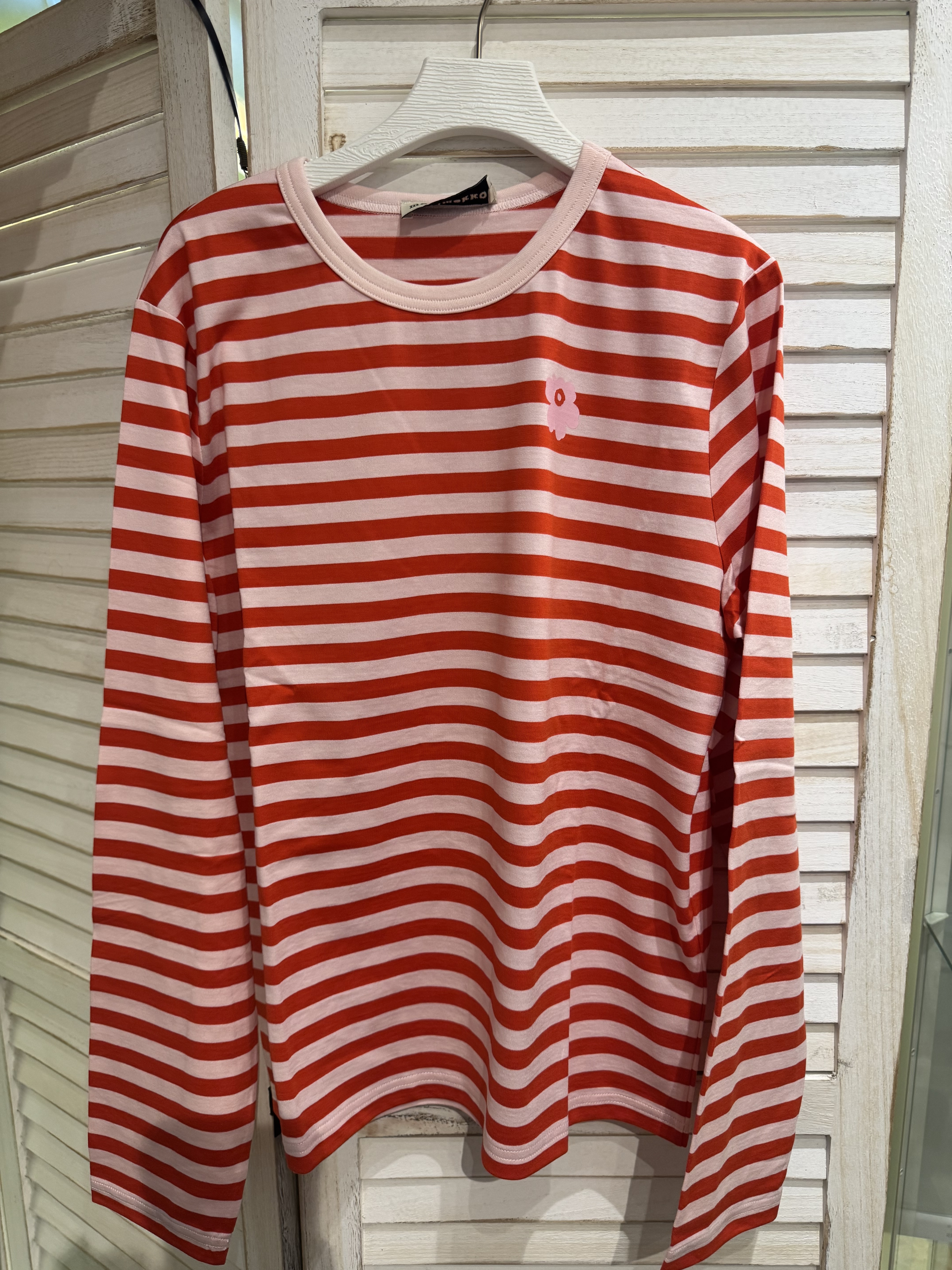 MARIMEKKO 橙紅拼淺粉紅橫間長袖TEE SIZE XS