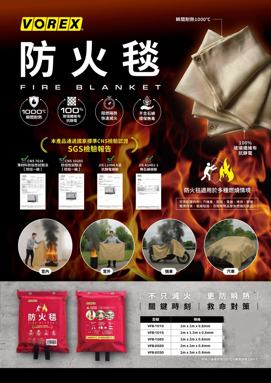 VOREX 防火毯｜1000°C耐熱 玻璃纖維滅火毯 居家廚房車用防火布 SGS認證 防火毯逃生毯｜袋裝｜厚度0.8mm