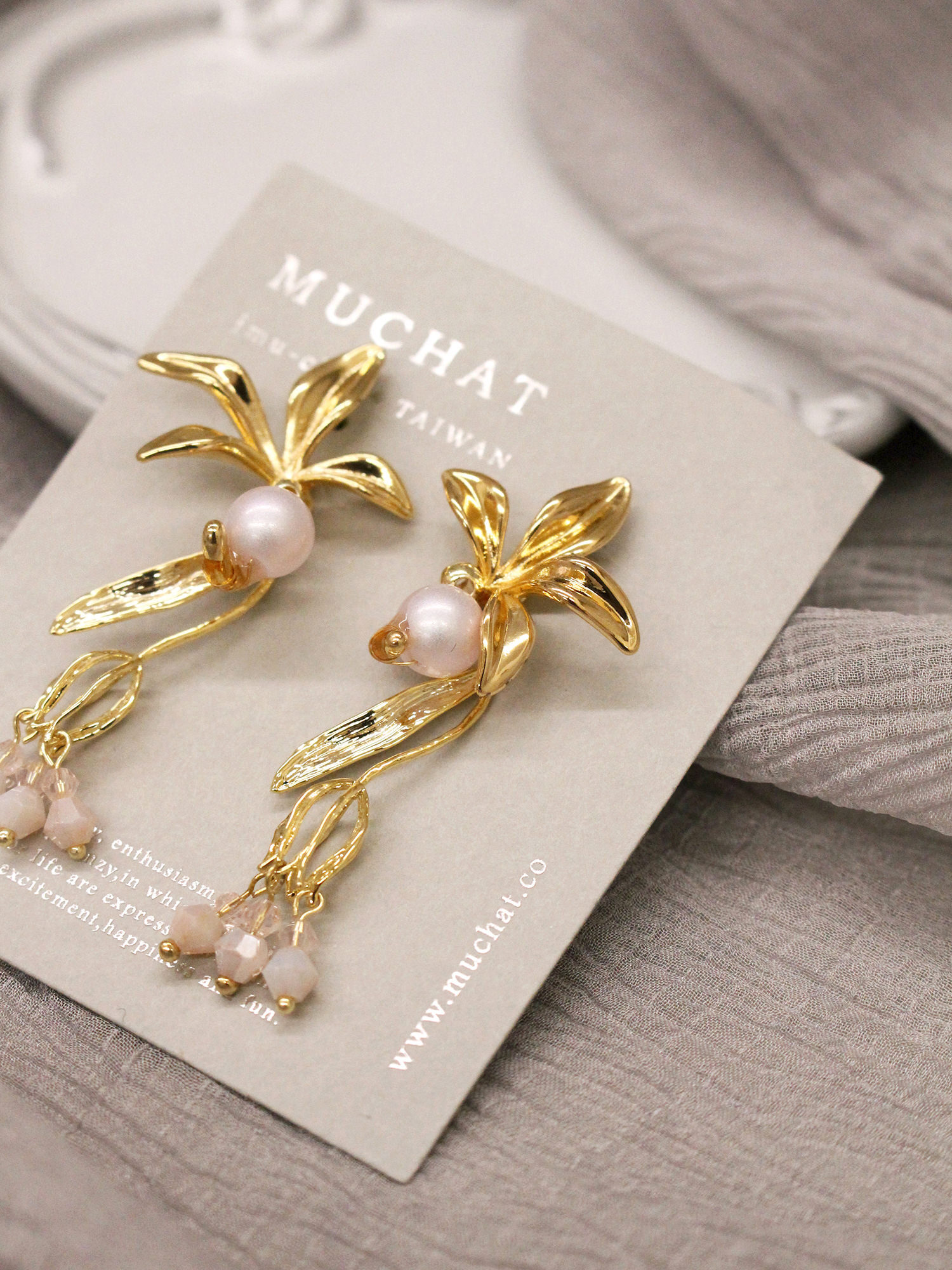 頌夏。MUCHAT手作14KGP金花珍珠純銀針耳環