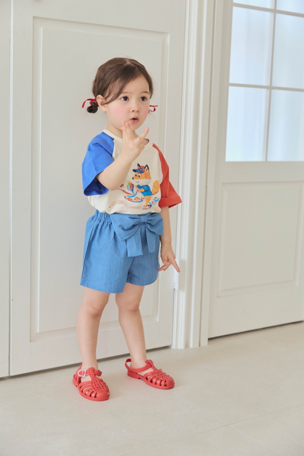 正韓夏mimico 兩色獅子/狐狸拼袖上衣