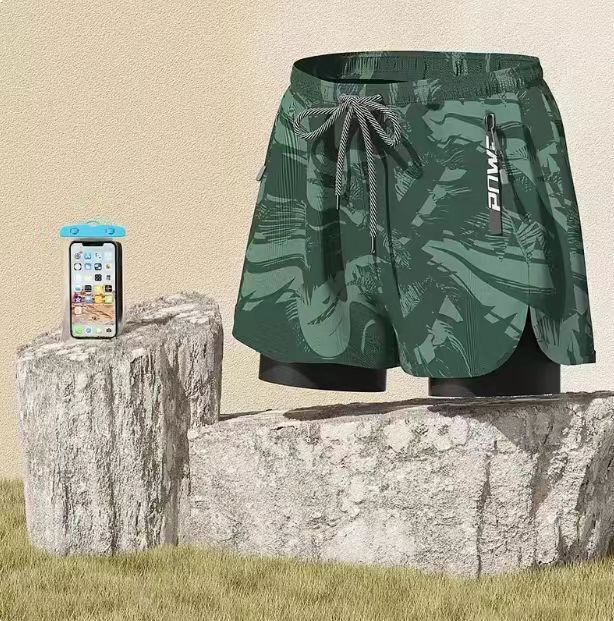 【特價品】平角速乾防尷尬沙灘褲游泳裝備套裝（綠色棕櫚泳褲+手機袋  尺碼：4X L  建議體重170-200 磅）