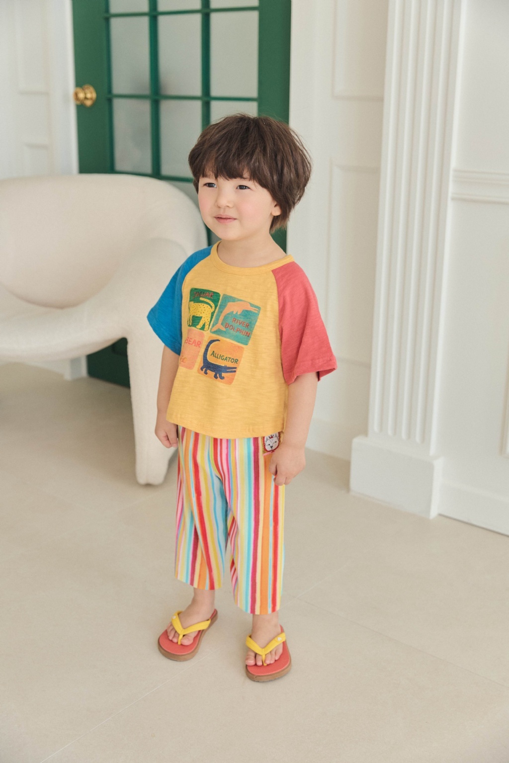 正韓夏mimico 兩色熊熊/動物拼袖上衣