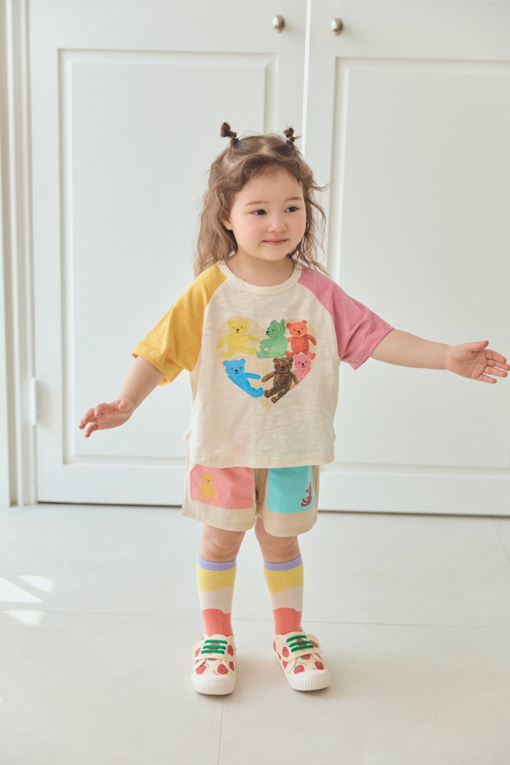 正韓夏mimico 兩色熊熊/動物拼袖上衣