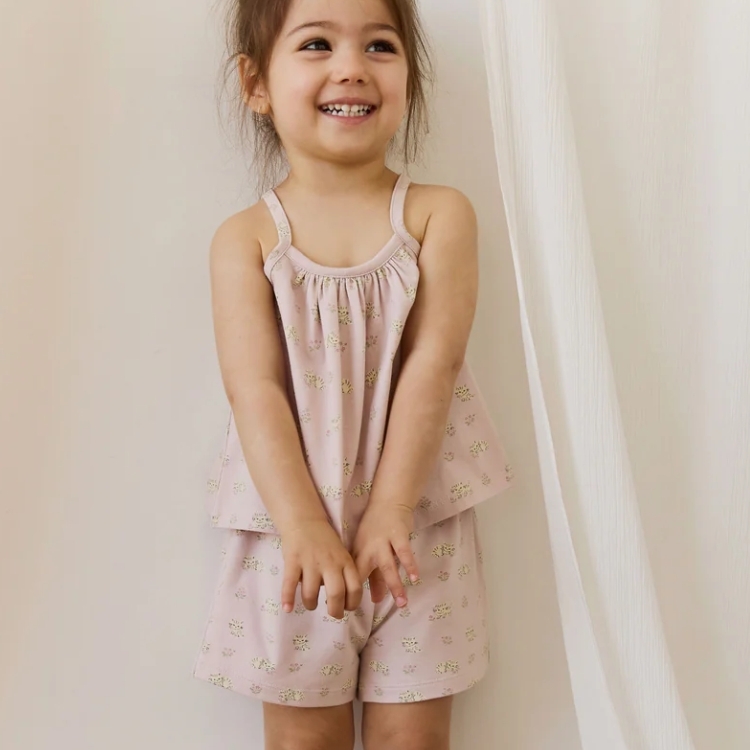 （預購）JAMIEKAY 貓與花印花背心短褲套裝 Organic Cotton Winnie Pyjama Set - Moon Floral Mauve