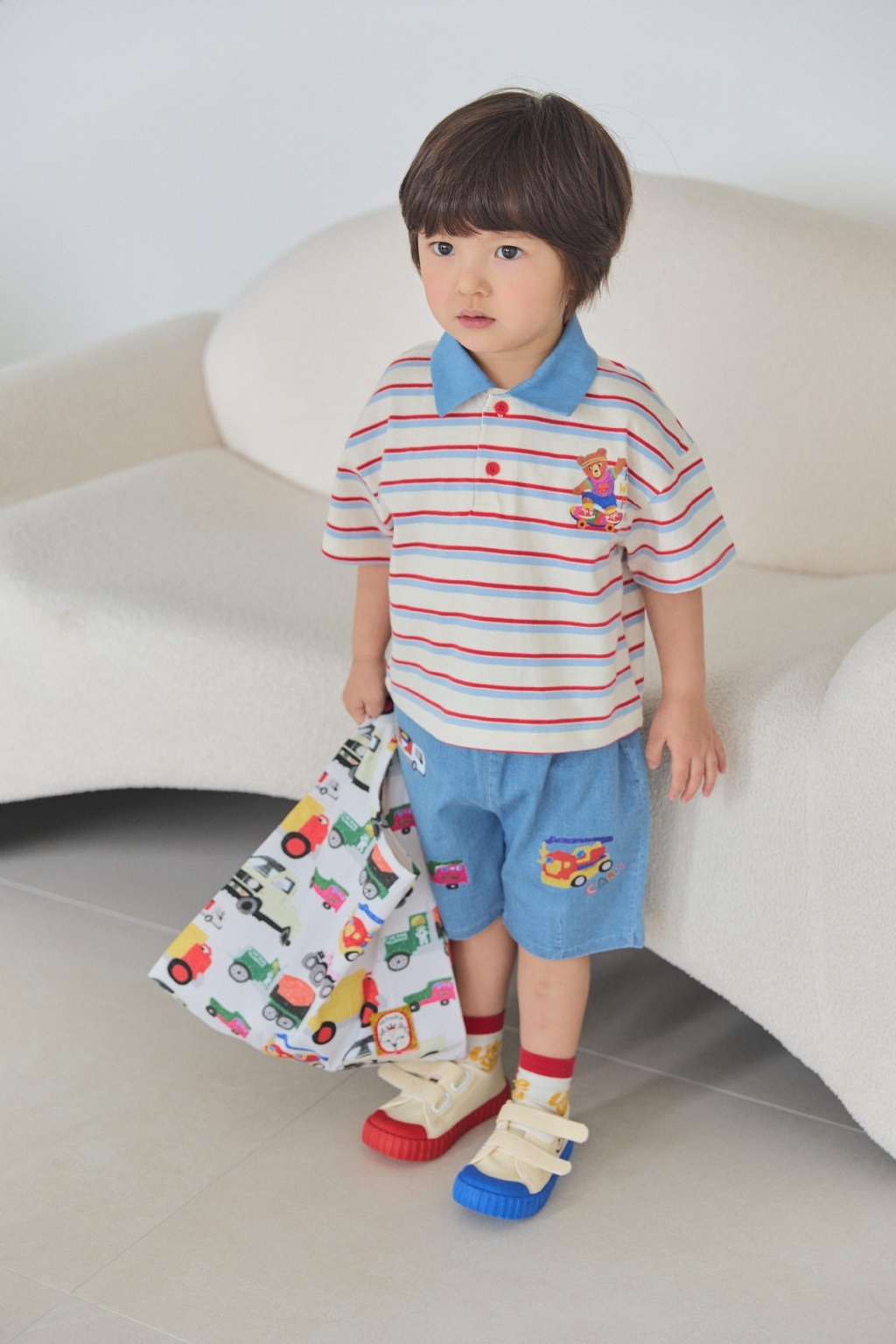 正韓夏mimico 條紋滑板熊有領上衣