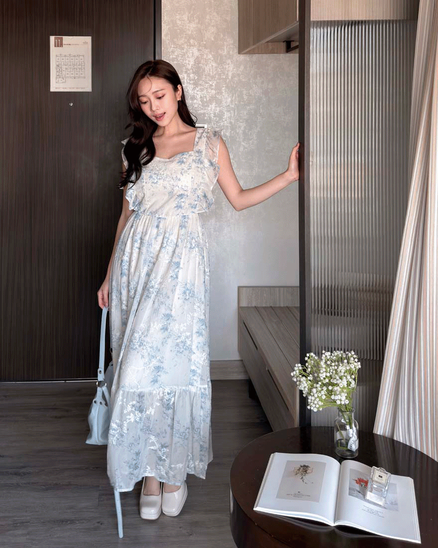 LINA LINA敘寫浪漫水墨花朵刺繡荷葉滾邊洋裝-優美藍