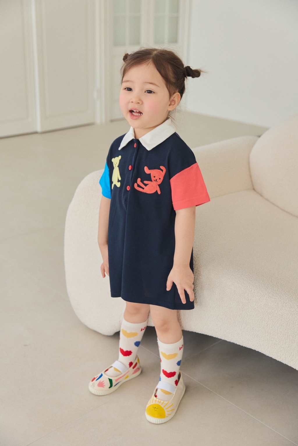 正韓夏mimico 熊兔拼袖有領洋裝