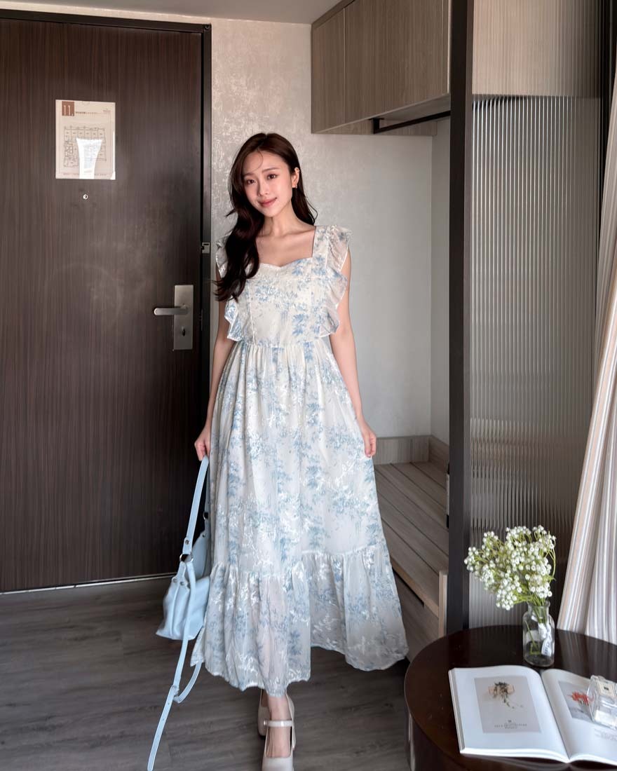 LINA LINA敘寫浪漫水墨花朵刺繡荷葉滾邊洋裝-優美藍