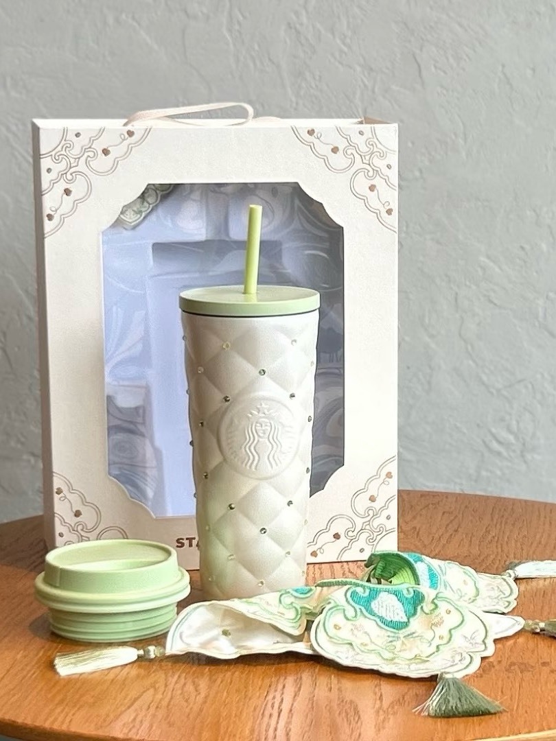 【預購】國外限定發售 2026 STARBUCKS 星巴克 春序紋樣系列 水綠色鑽 菱格紋禮盒 591ML