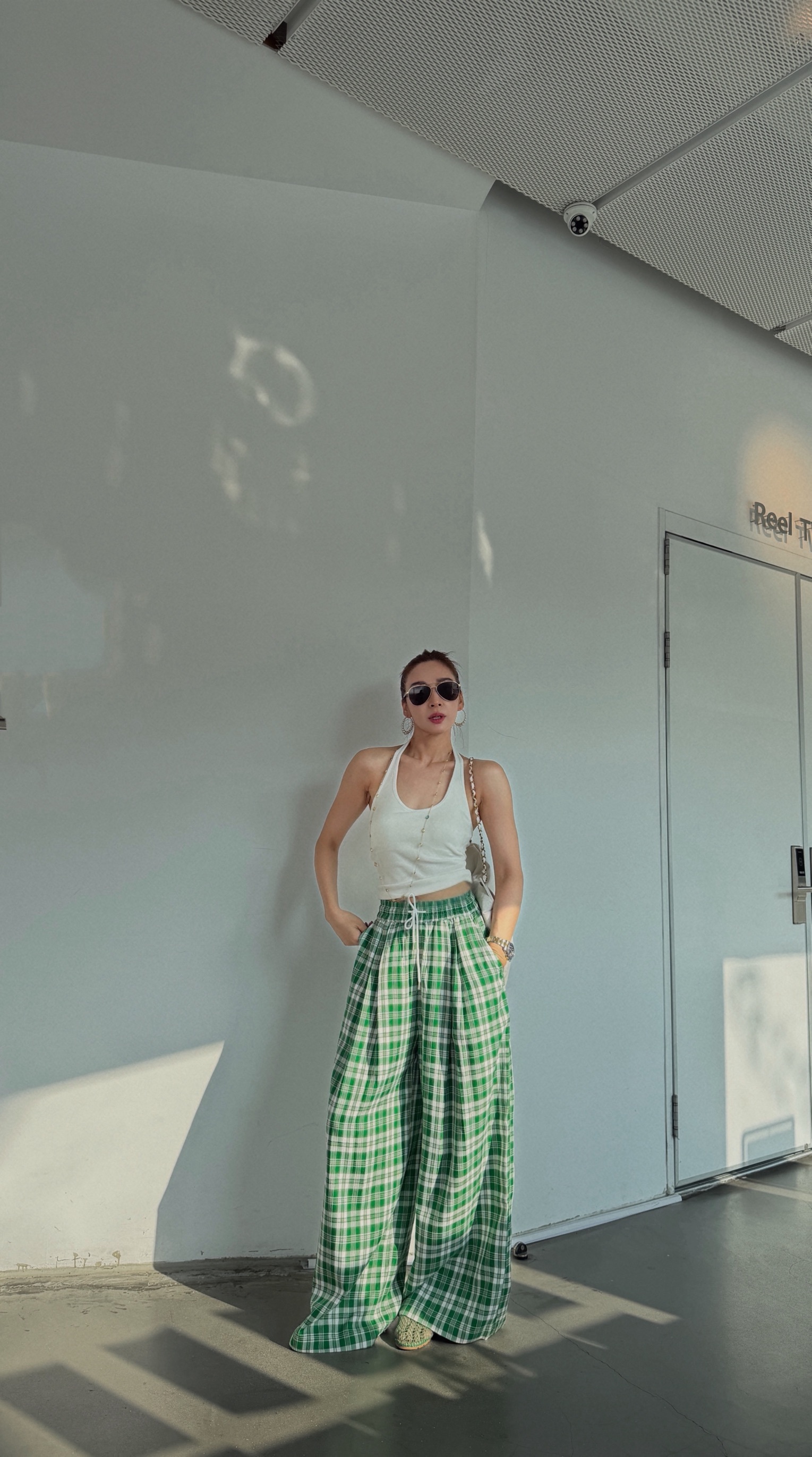 春天綠格紋休閒寬褲