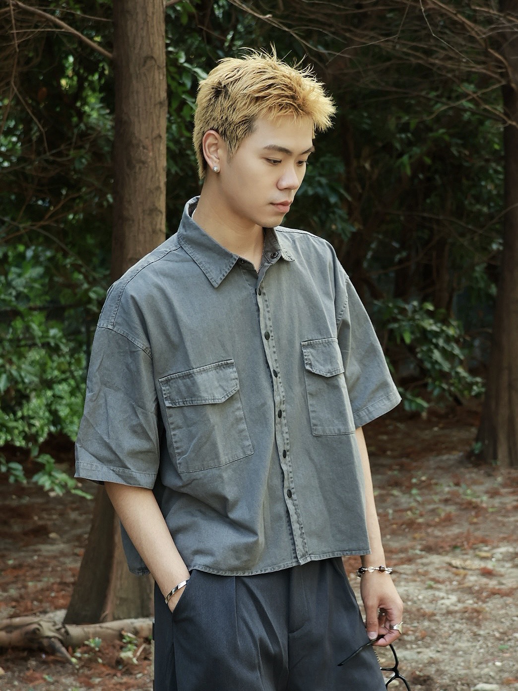 水洗 雙口袋 短版 水洗 短袖 #襯衫