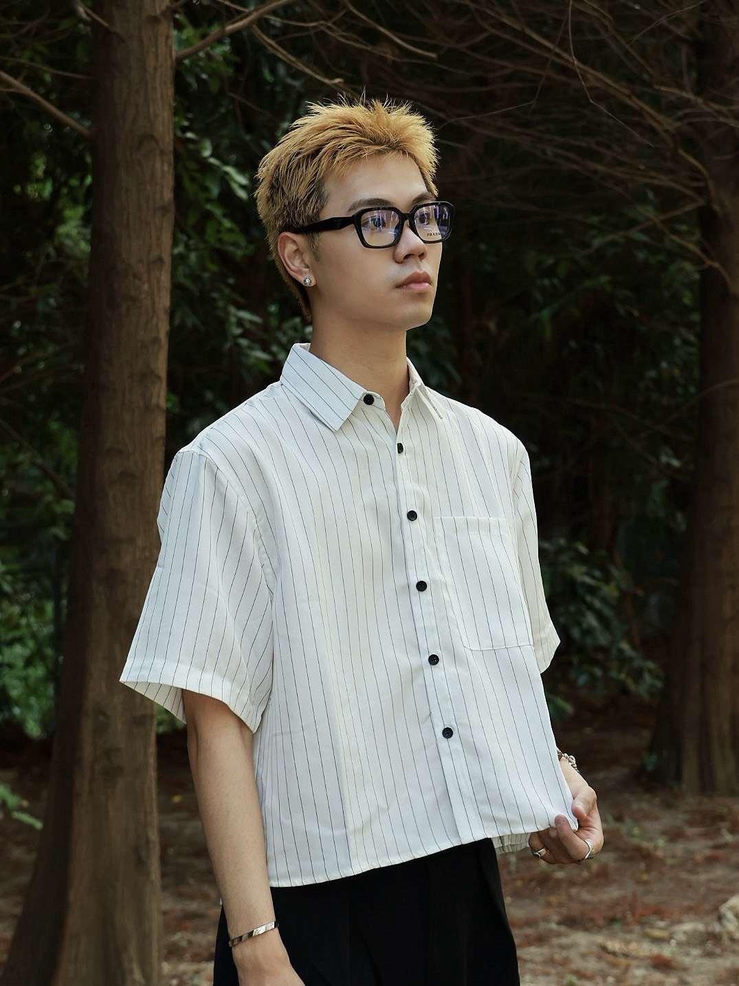 翻領 直條紋 鈕扣 單口袋 短袖 #襯衫