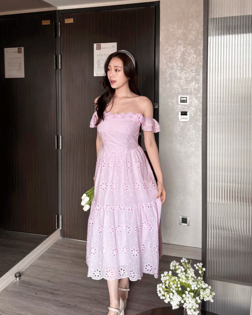 LINA LINA迷人甜絮滿版燒花立體花朵滾邊洋裝-甜粉紫
