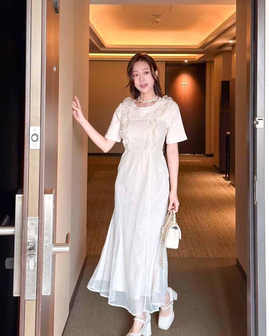 LINA LINA著迷情愫荷葉波點網紗後馬甲彈力洋裝-優雅杏