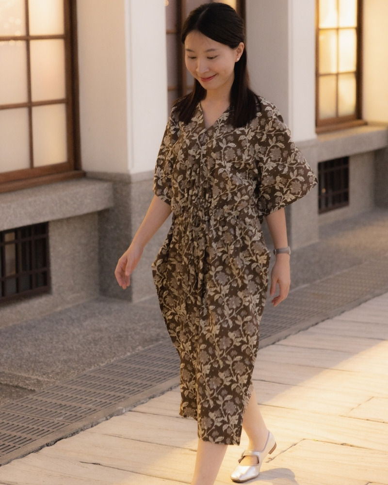 印度蓋染工藝純棉 蝴蝶連身裙 - 木芙蓉