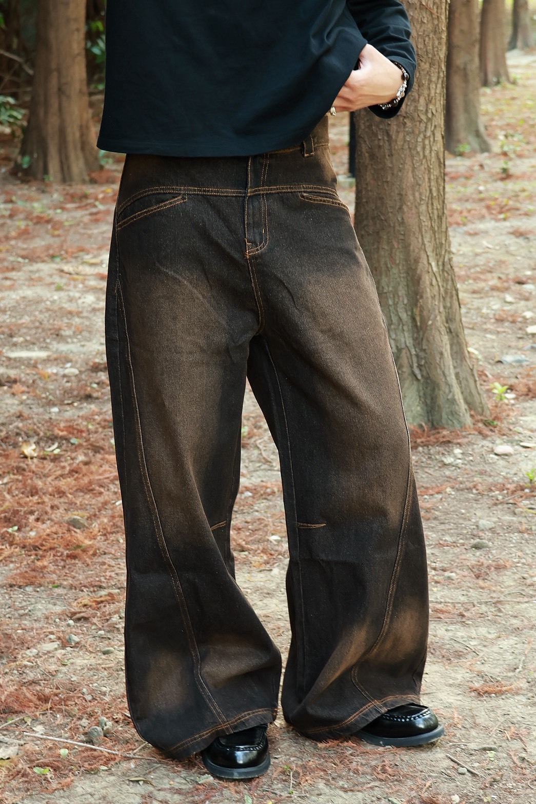 單寧 高腰 雙口袋 車線 做舊水洗 #牛仔褲