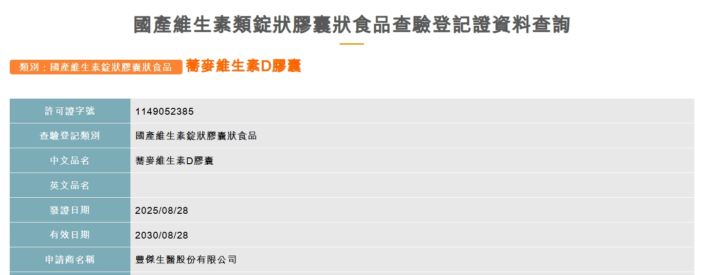 🔺STEP2：以豐傑蕎麥維生素Ｄ為例，經搜尋後確認，已通過登記查驗