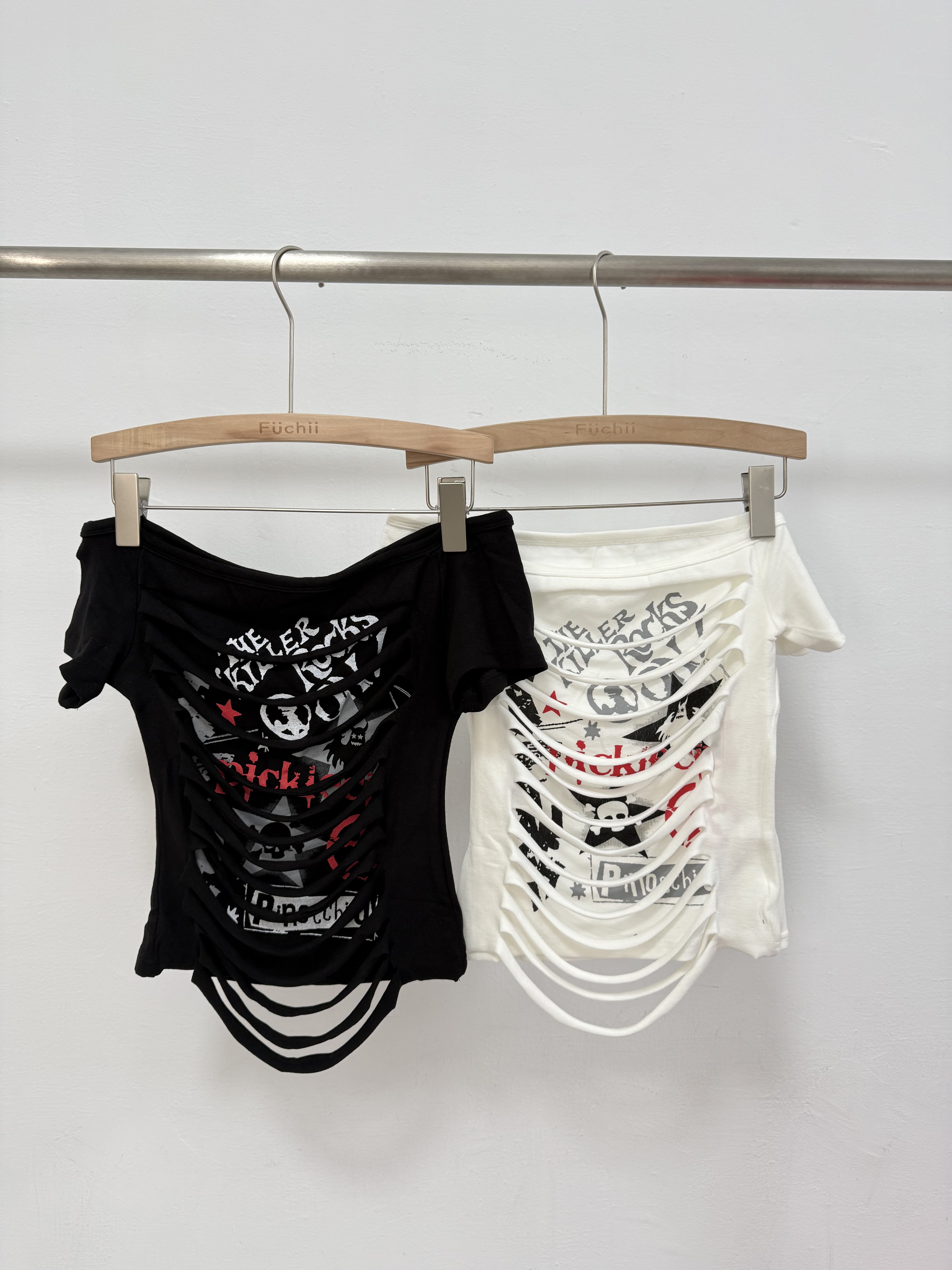 NEW 抓破造型一字領短袖上衣