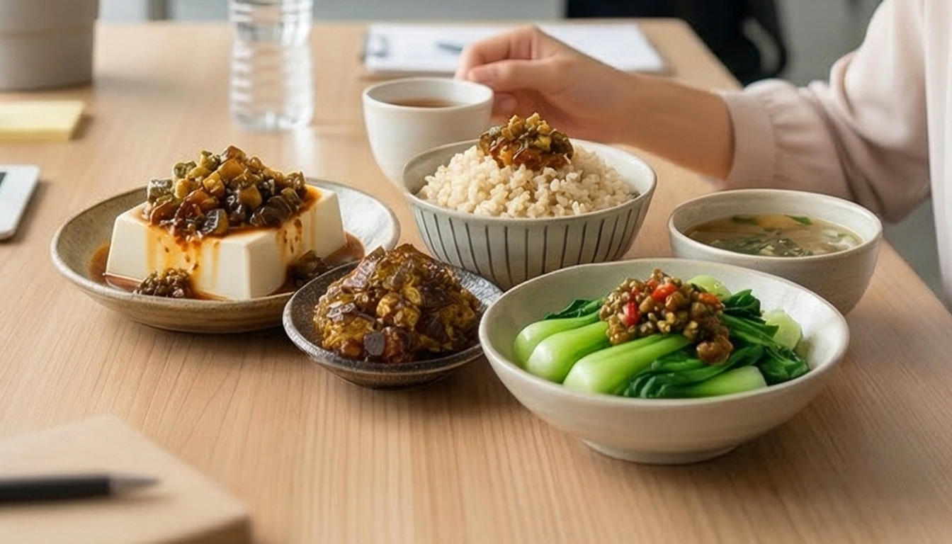 協發行蒜香皮蛋搭配白飯特寫-濃郁重口味泡菜拌醬推薦-宅配團購美食首選