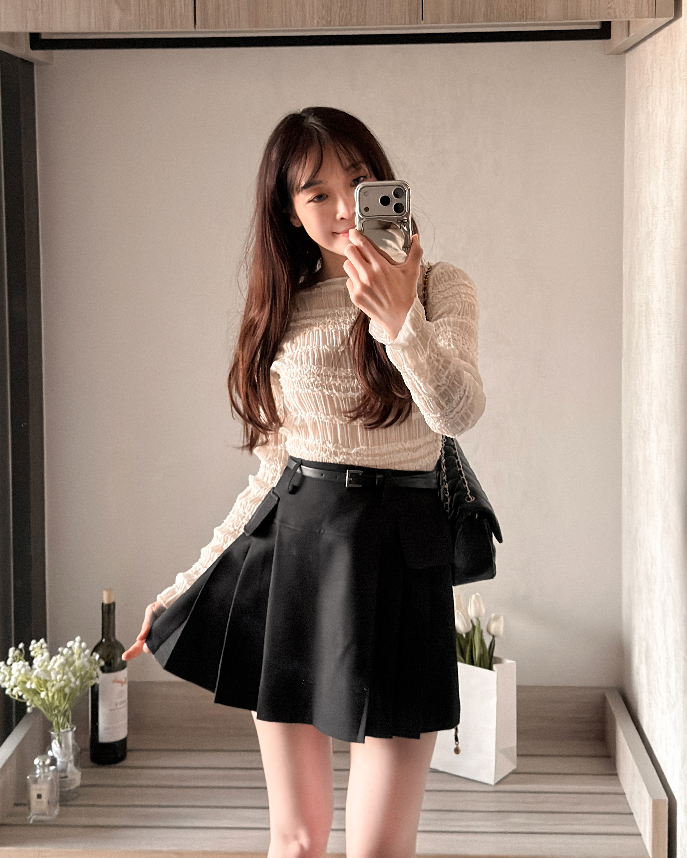 LINA LINA俏麗美學翻蓋造型百褶褲裙附腰帶-性格黑