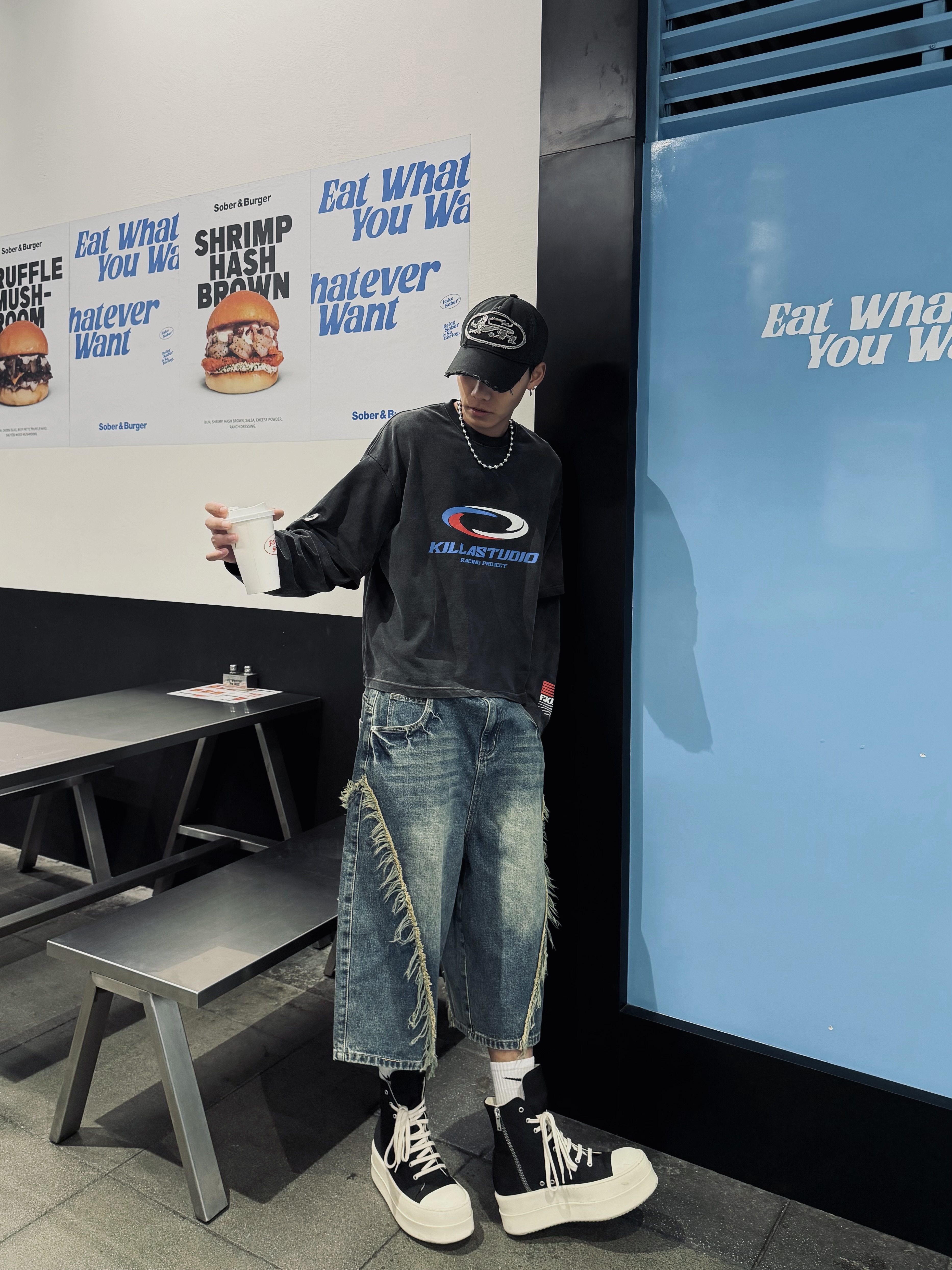 Fashion Killia FRINGED WASHED CROPPED JEANS 解構 牛仔 八分褲