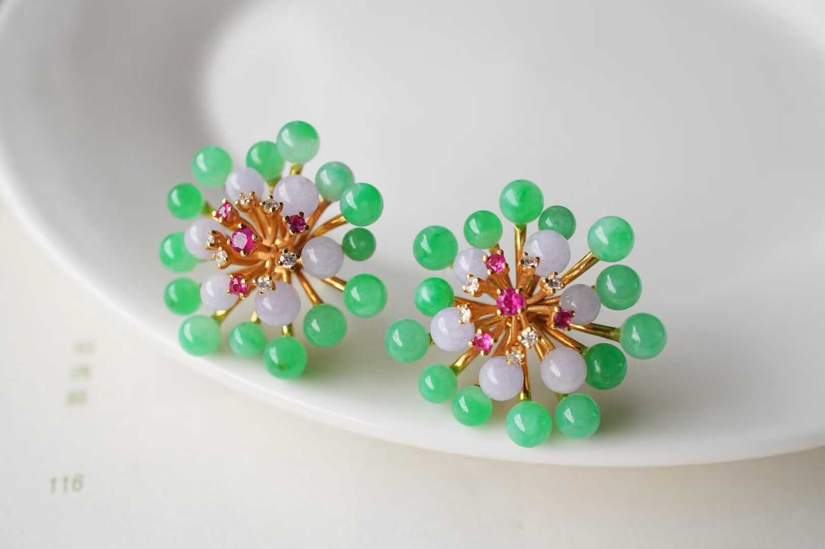翡翠春彩煙花耳釘,天然翡翠A玉, 緬甸玉, Jade, Jadeite