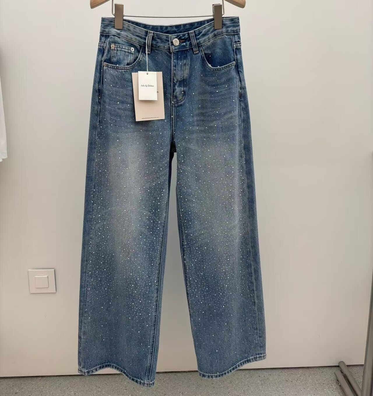 JU6014 派對造型閃石藍色直筒牛仔褲