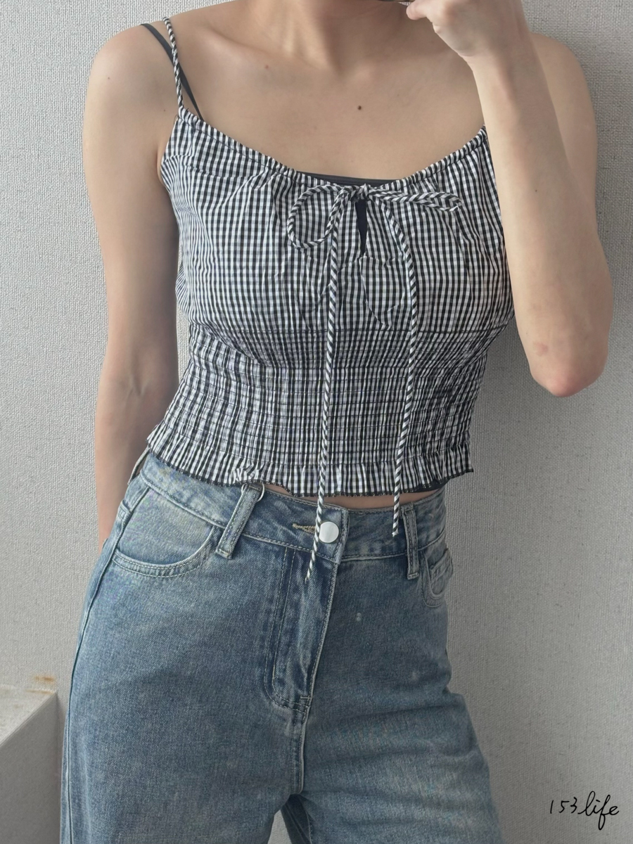 A11渡假風格紋細肩綁帶甜妹背心(2色)