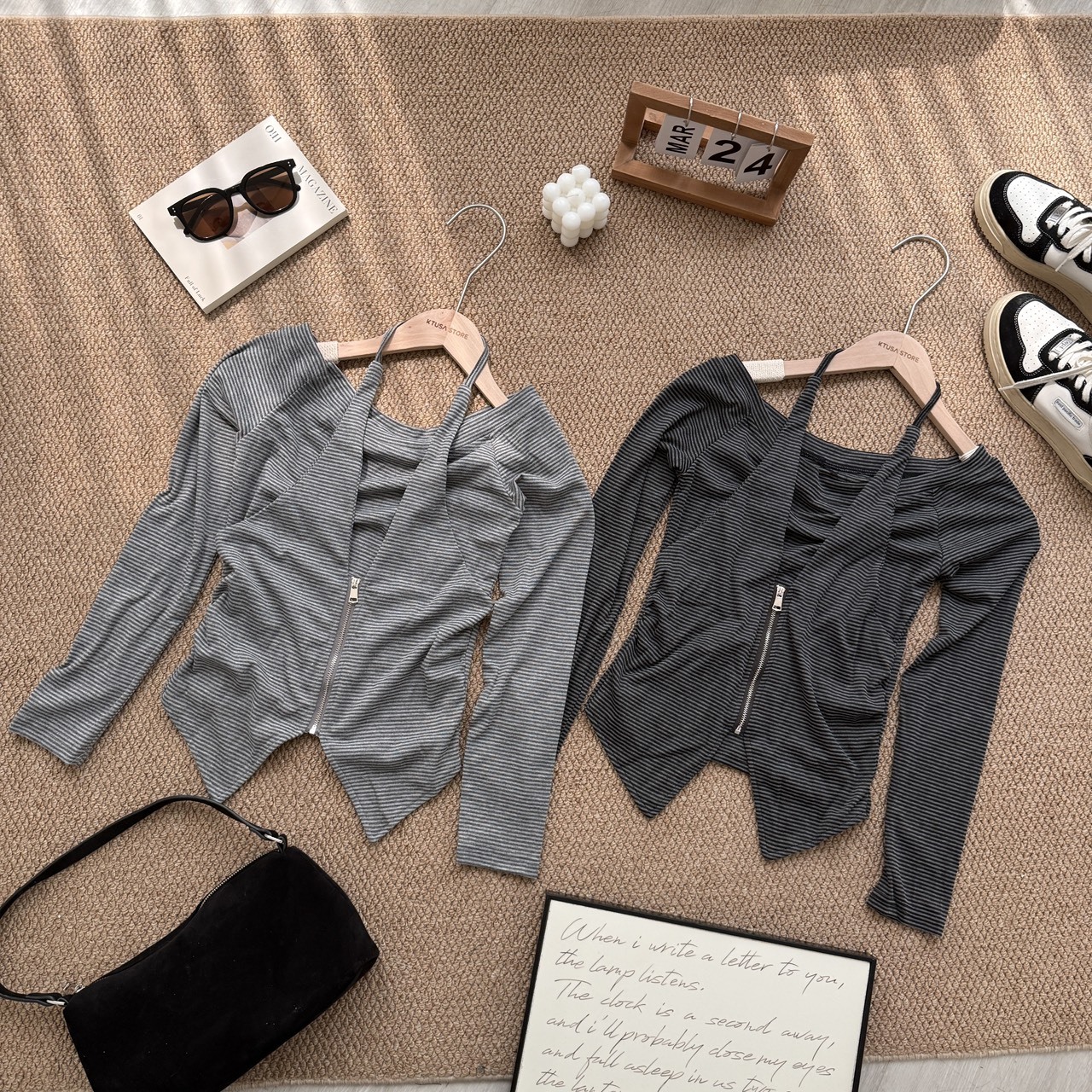 9630條紋拉鍊掛脖一字領上衣（Ｒ）