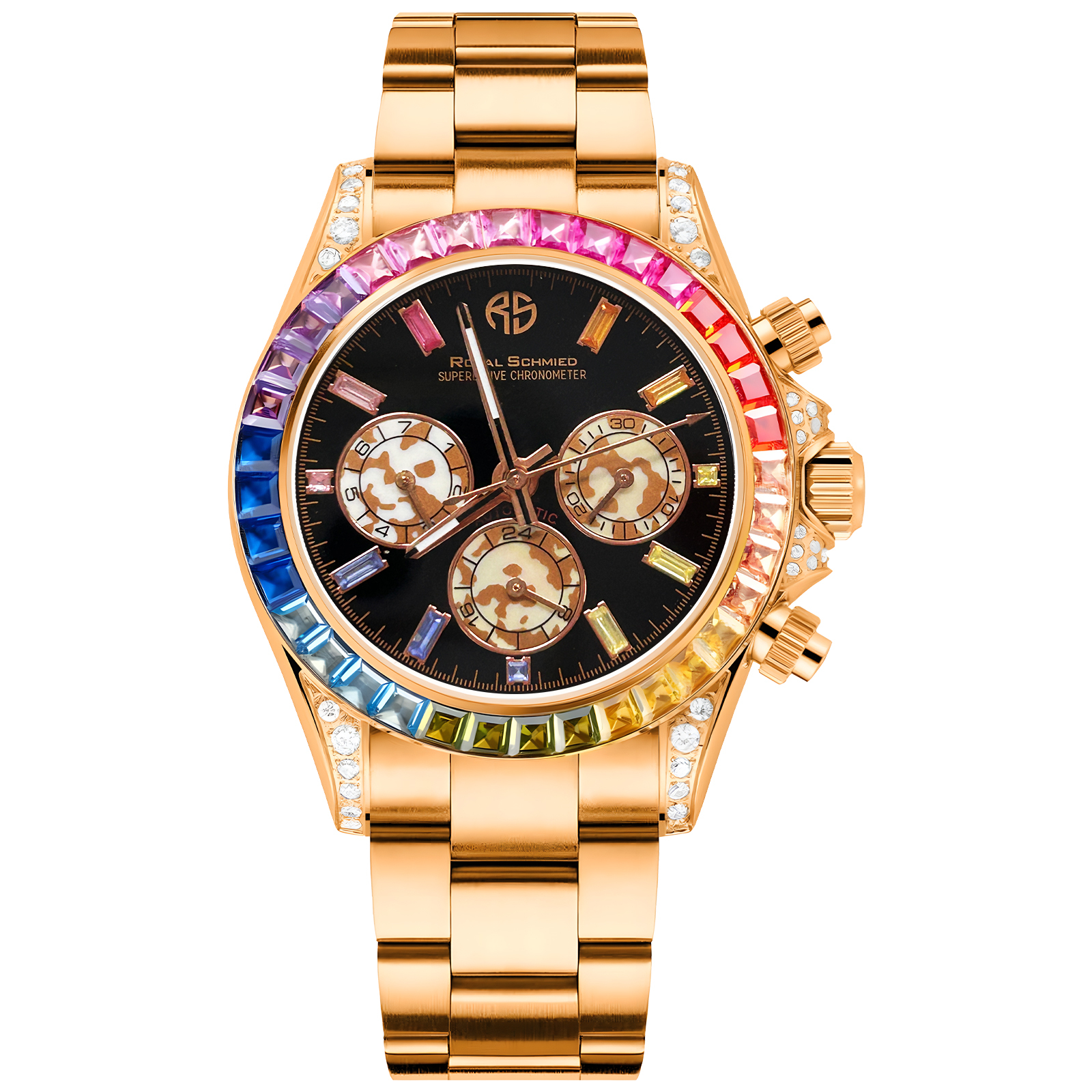 【Royal Schmied 皇家施米德】RYS-C009 迪通拿款 夜光指針 真三眼 機械 彩虹圈 帶鑽 金色 手錶
