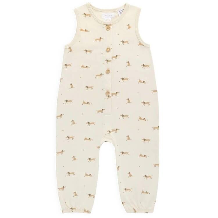 （預購）JAMIEKAY 臘腸狗無袖排釦連身衣 Organic Cotton Rupert Onepiece - Play Ball Cassava