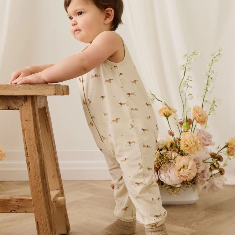 （預購）JAMIEKAY 臘腸狗無袖排釦連身衣 Organic Cotton Rupert Onepiece - Play Ball Cassava