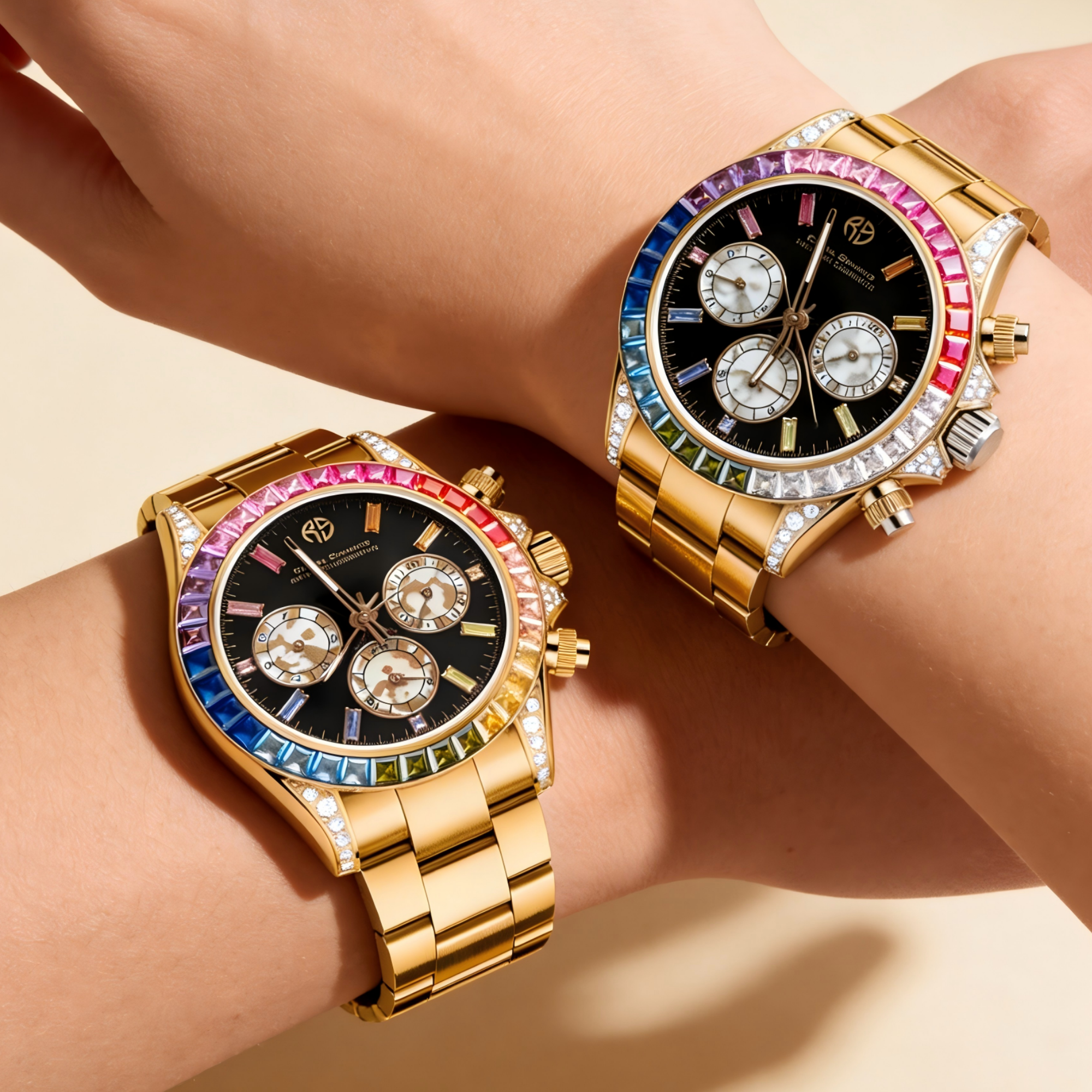 【Royal Schmied 皇家施米德】RYS-C009 迪通拿款 夜光指針 真三眼 機械 彩虹圈 帶鑽 金色 手錶