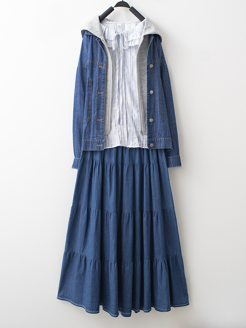 拼接連帽牛仔外套荷葉領壓皺襯衫薄棉牛仔長裙組合