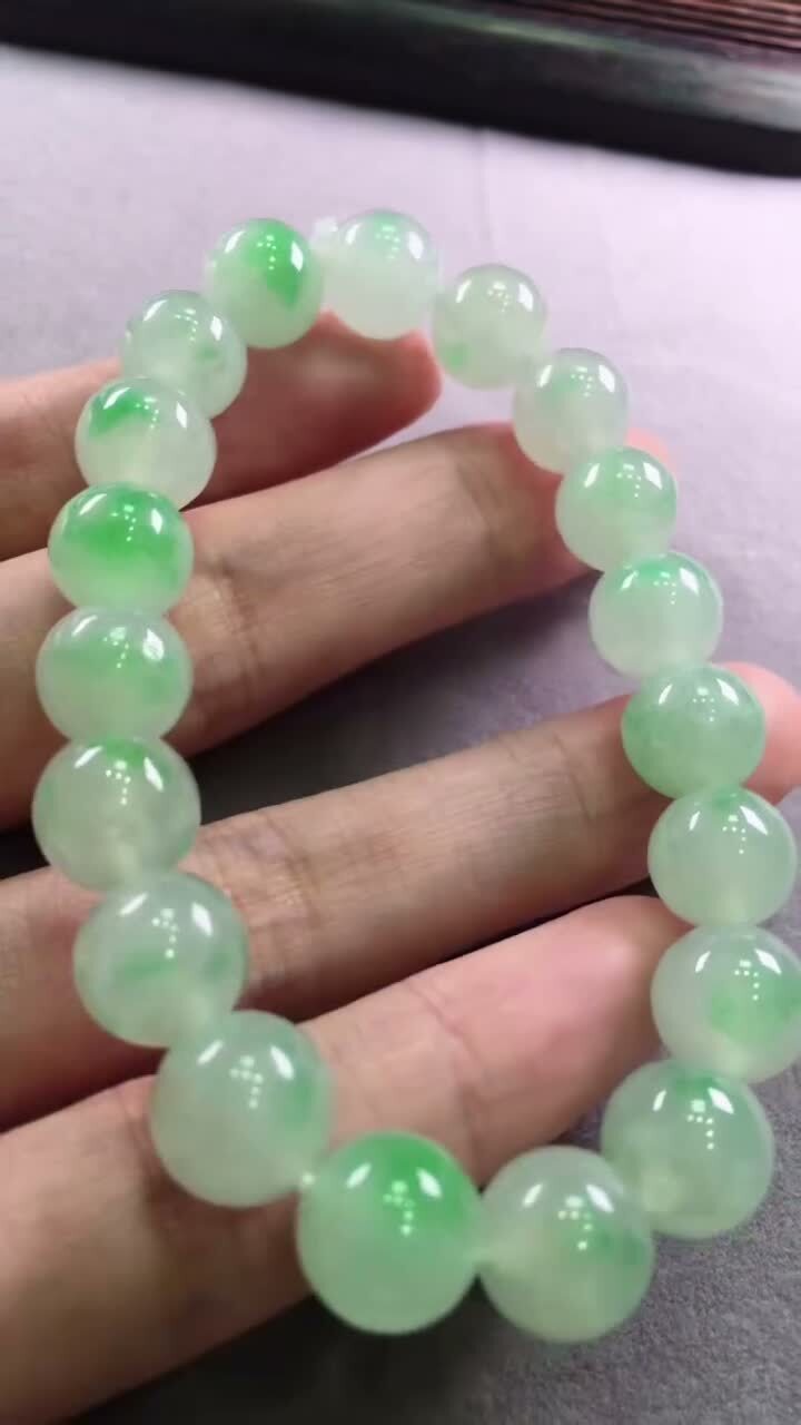 翡翠冰飄綠花手串 (10.2mm直徑),天然翡翠A玉, 緬甸玉, Jade, Jadeite