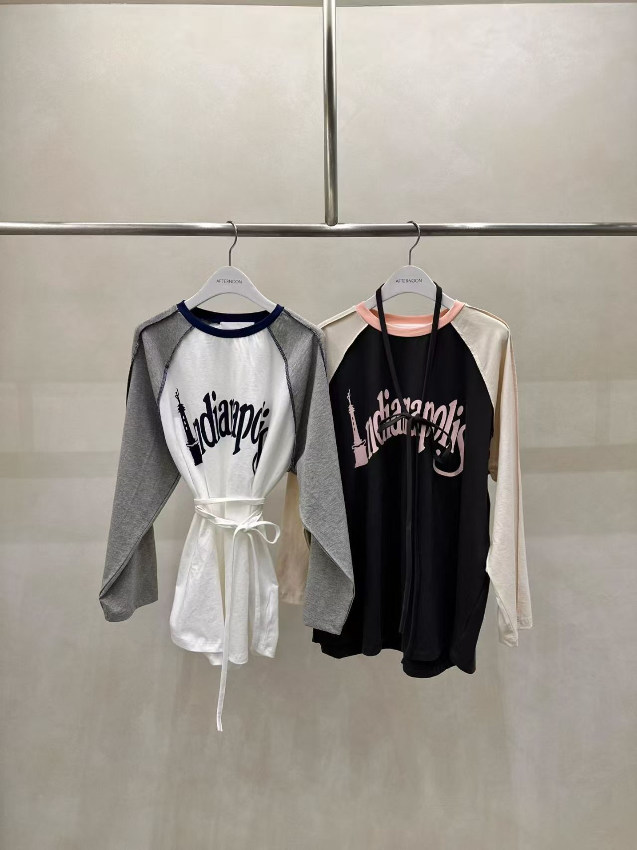 AF6020 撞色字母插肩綁繩長袖T