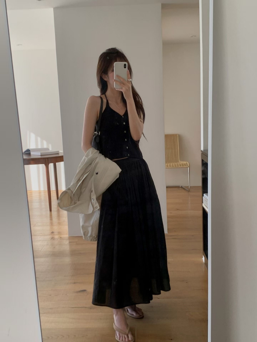 Helen 純棉抓皺層次長裙 [2色 / Free ]