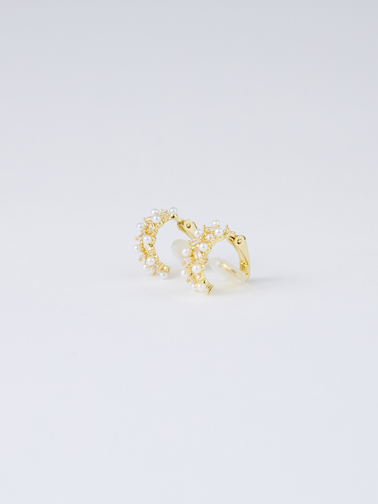 珍珠小方鑽夾式耳環