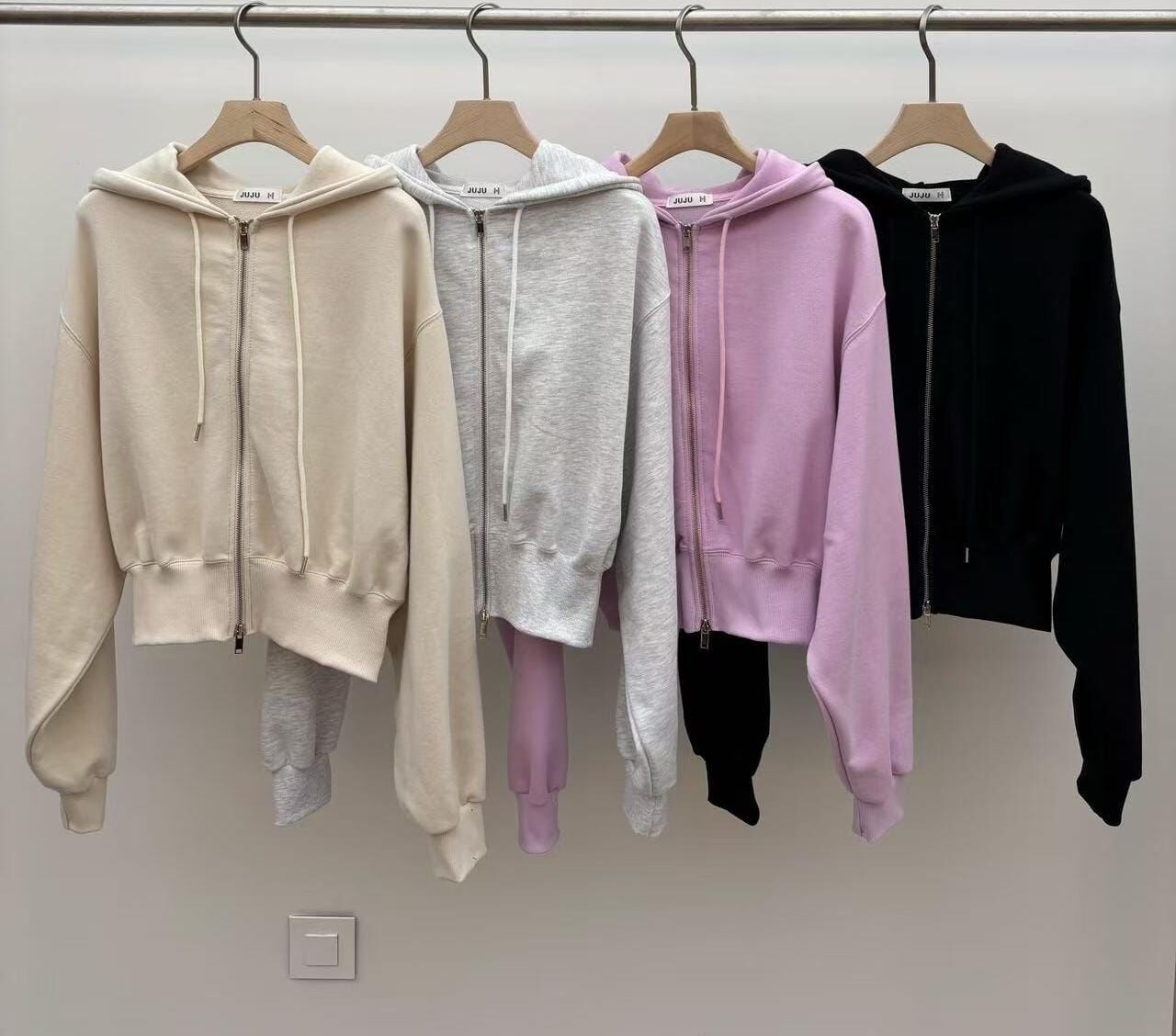 JU6034 束口短版拉鍊連帽外套