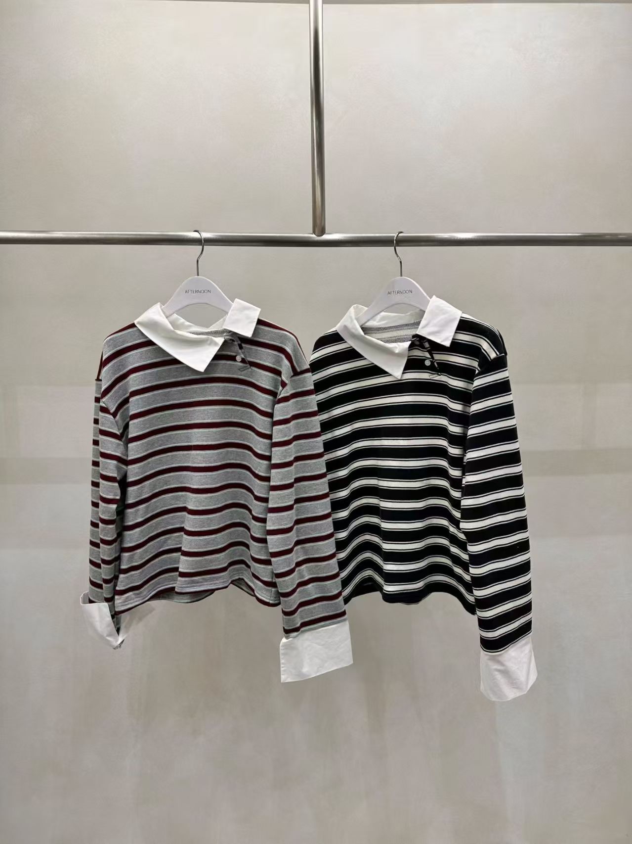 AF6029 拼接恤衫條紋上衣