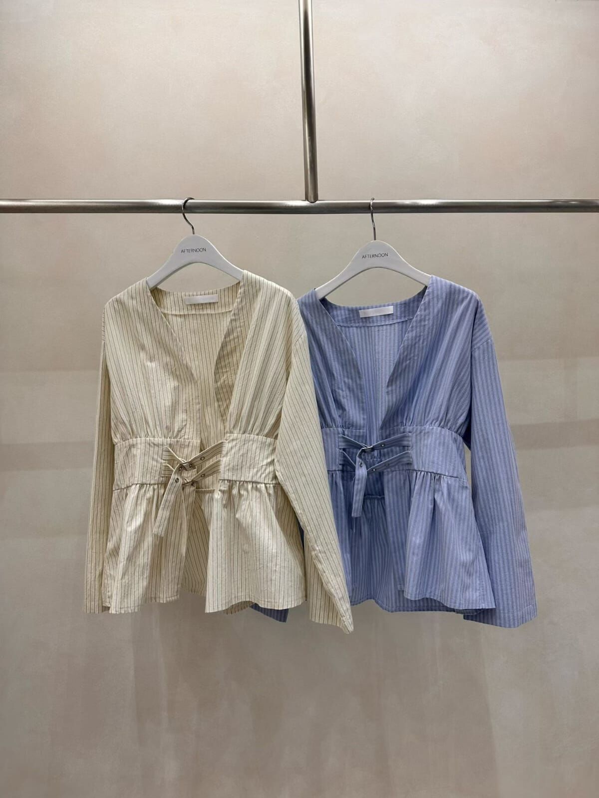 AF6034 束腰條紋無領恤衫