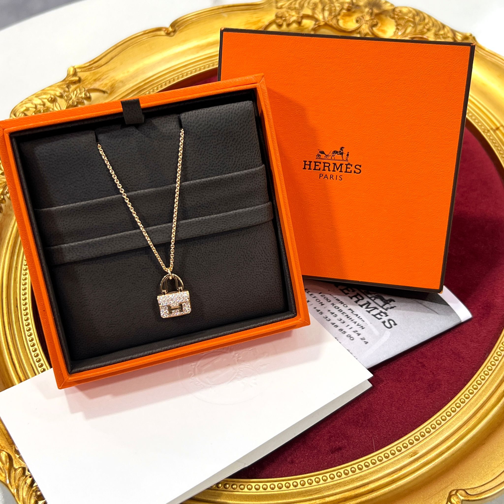 全新HERMES頸鏈 H121312B 00 CONSTANCE NECKLACE ROSE 43D0.44ct 18K滿鑽吊咀玫瑰金 #BRAND NEW #香榭站正品